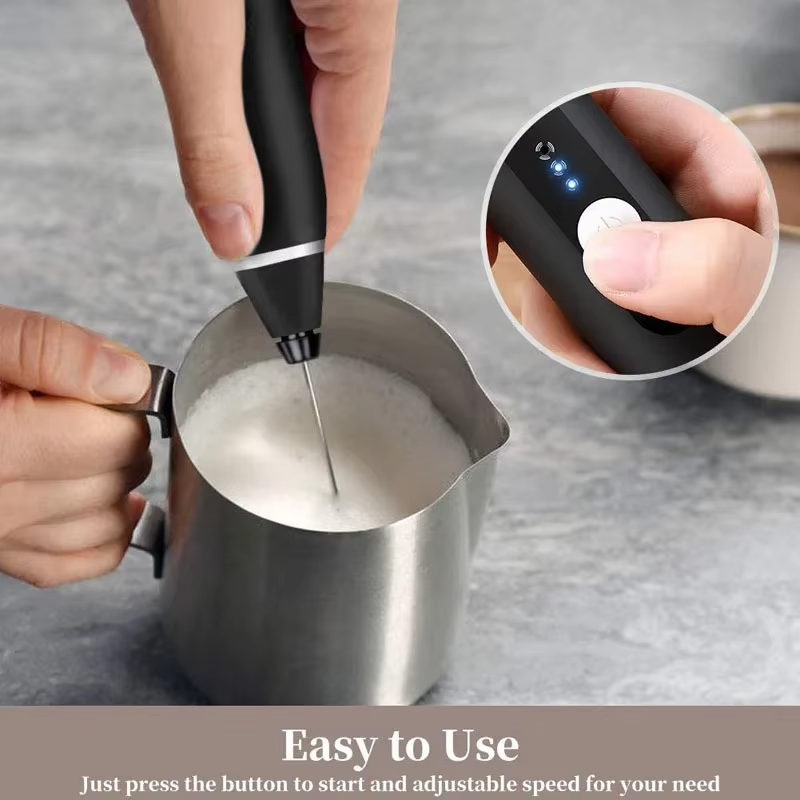 2 in 1 Rechargeable Milk Frother Wand, Powerful Handheld Whisk & Drink Mixer for Coffee, Latte, Cappuccino, Hot Chocolate & Beverages (Black)